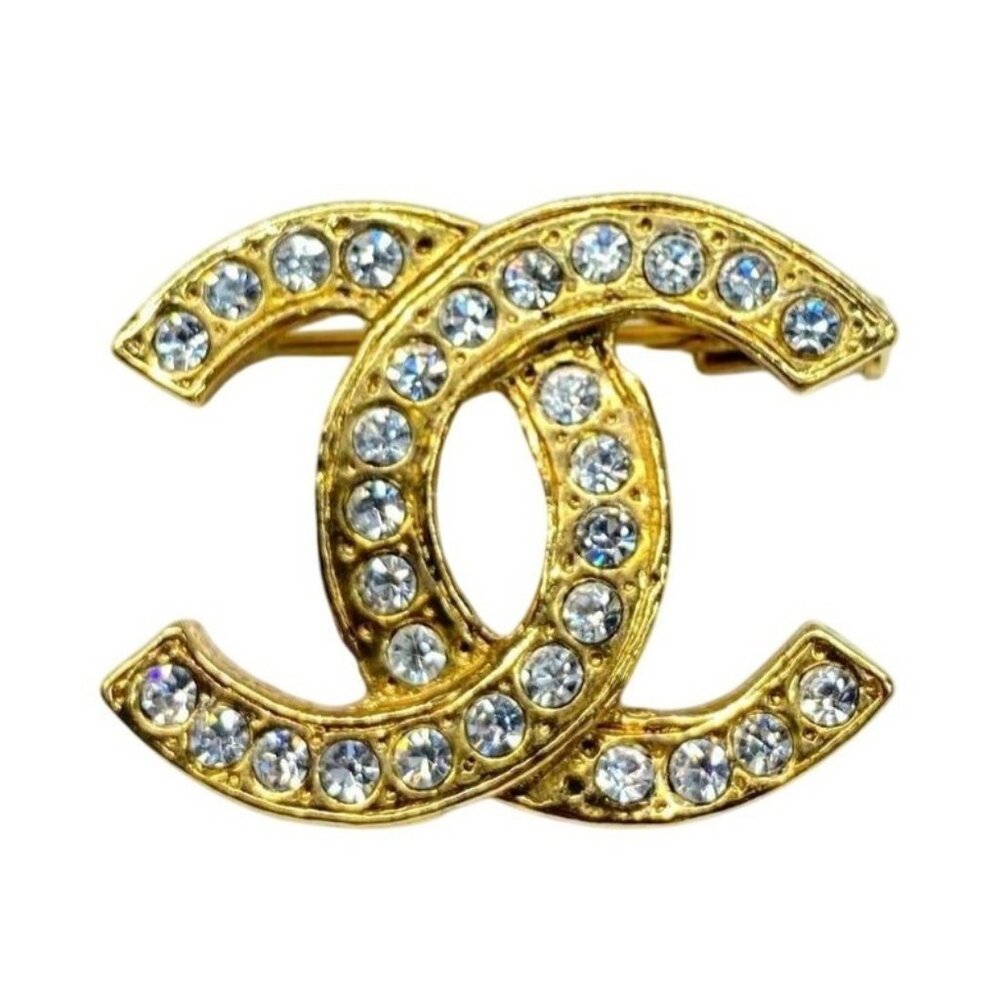 Authentic CHANEL CC Vintage Gold Pin Brooch Rhinestone Crystal